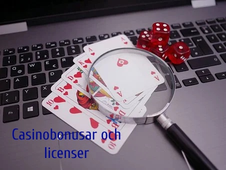 förstoringsglas och spelkort på dator med texten: Casinobonusar och licenser
