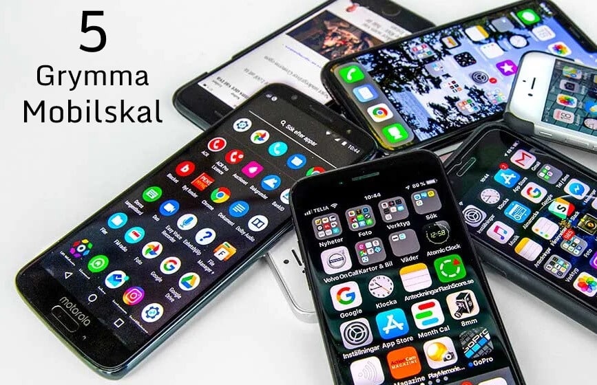 Mobiltelefoner mot vit bakgrund med texten: 5 Grymma Mobilskal